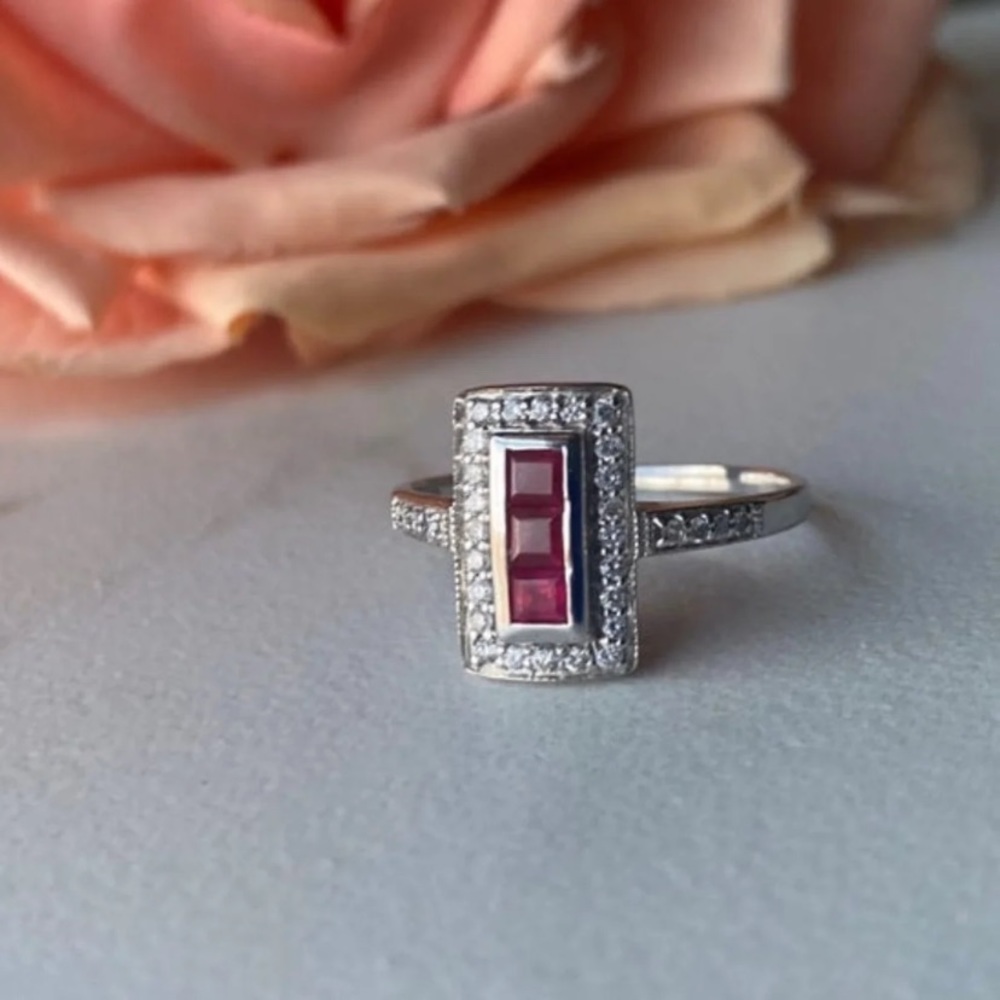 Art Deco 14k White Gold Ruby & Diamond Ring